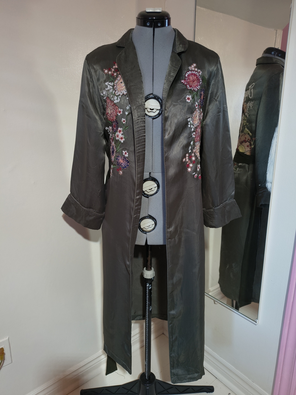 Bershka Olive Green Embroidered Trench Coat